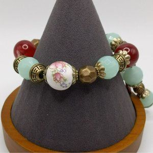 Vintage Rocher Yves Rocher LBVYR Beaded Stretch Bracelet Brass Tone Multi Color‎